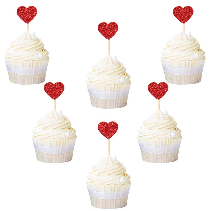 Ercadio Glitter Heart Cupcake Toppers Picks for Sweet Love Theme Wedding Engagement Bridal Shower Party Cake Decors 40 Pack Red - Image 5